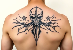 powerful black long human with stars tattoo idea