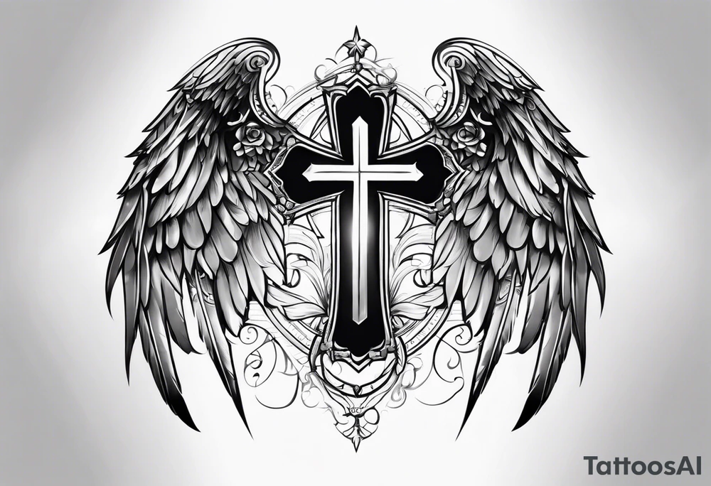 angel wings tattoo with a cross and the letters DJ in it tattoo idea