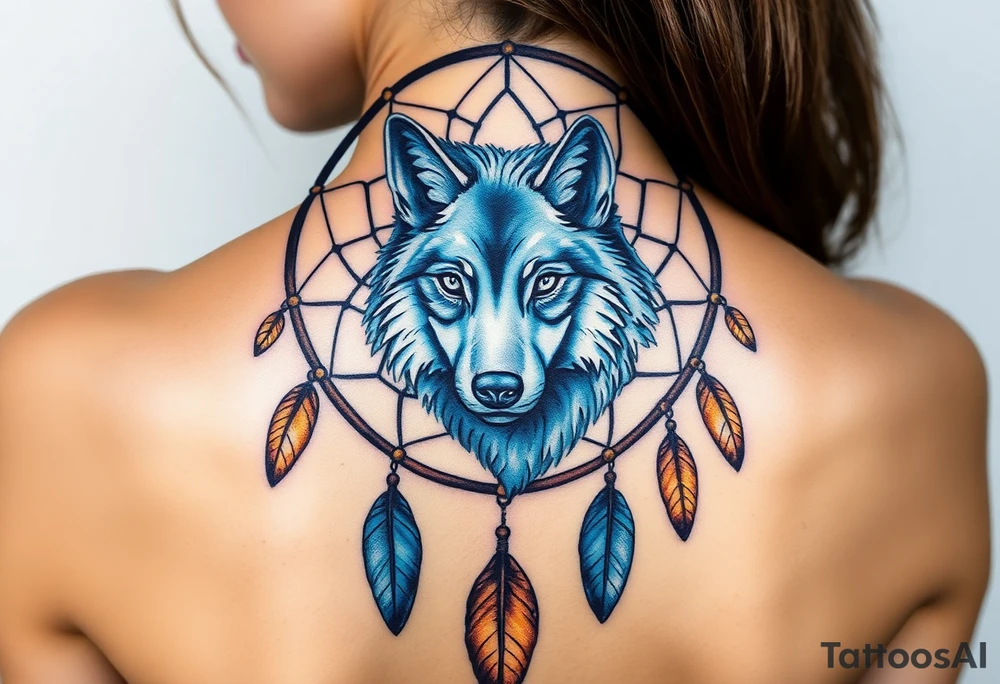 A dreamcatcher with a wolf’s face inside, with intricate feather patterns. The wolf’s fur is painted in cool tones of blue and silver, and the feathers are shaded in soft brown and gold tattoo idea