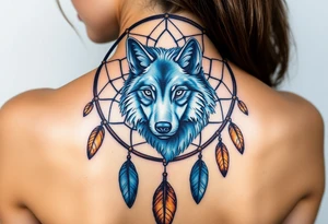 A dreamcatcher with a wolf’s face inside, with intricate feather patterns. The wolf’s fur is painted in cool tones of blue and silver, and the feathers are shaded in soft brown and gold tattoo idea