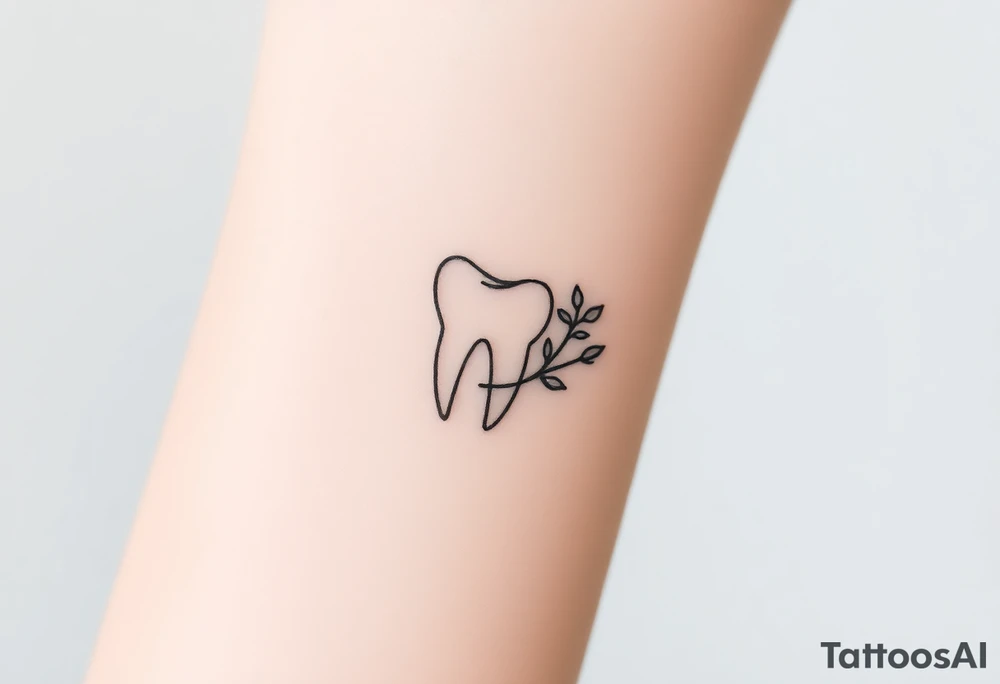 “A tiny outline of a molar tooth intertwined with a slender vine of eucalyptus leaves curling around one side, clean monochrome line-art.” tattoo idea