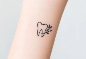 “A tiny outline of a molar tooth intertwined with a slender vine of eucalyptus leaves curling around one side, clean monochrome line-art.” tattoo idea