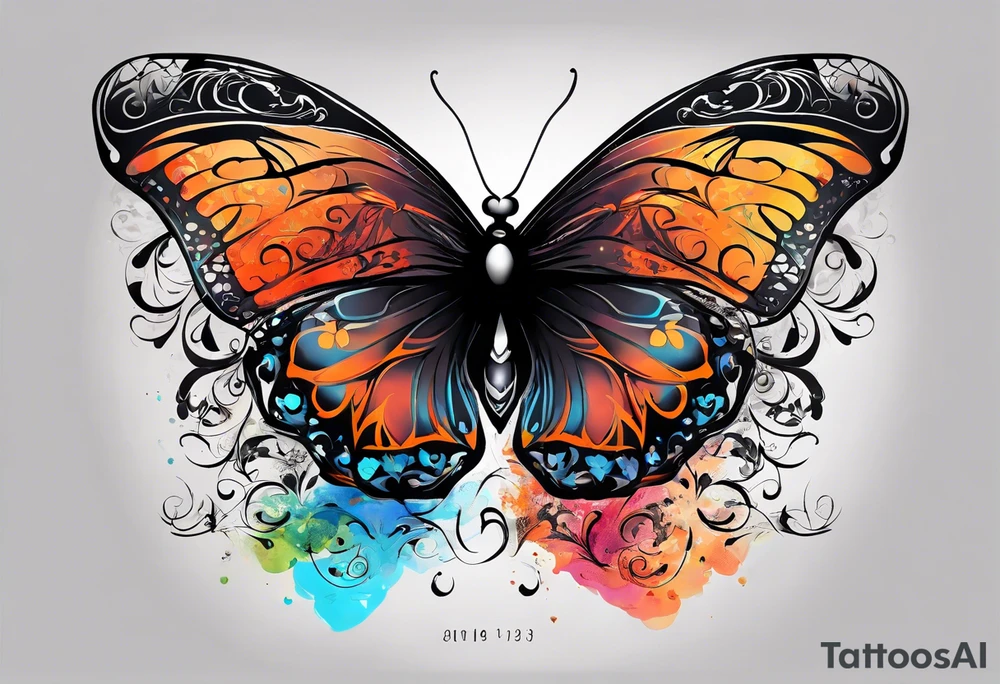 butterfly with one wing black scribbles, the other wing beautiful and colorful, the body has the date 1.9.2023 and the words written "I chose to live." tattoo idea