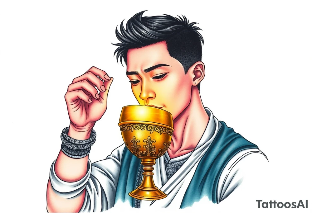 Handsome Asian young guy is drinking from medieval golden cup tattoo idea