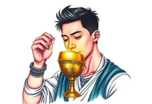 Handsome Asian young guy is drinking from medieval golden cup tattoo idea