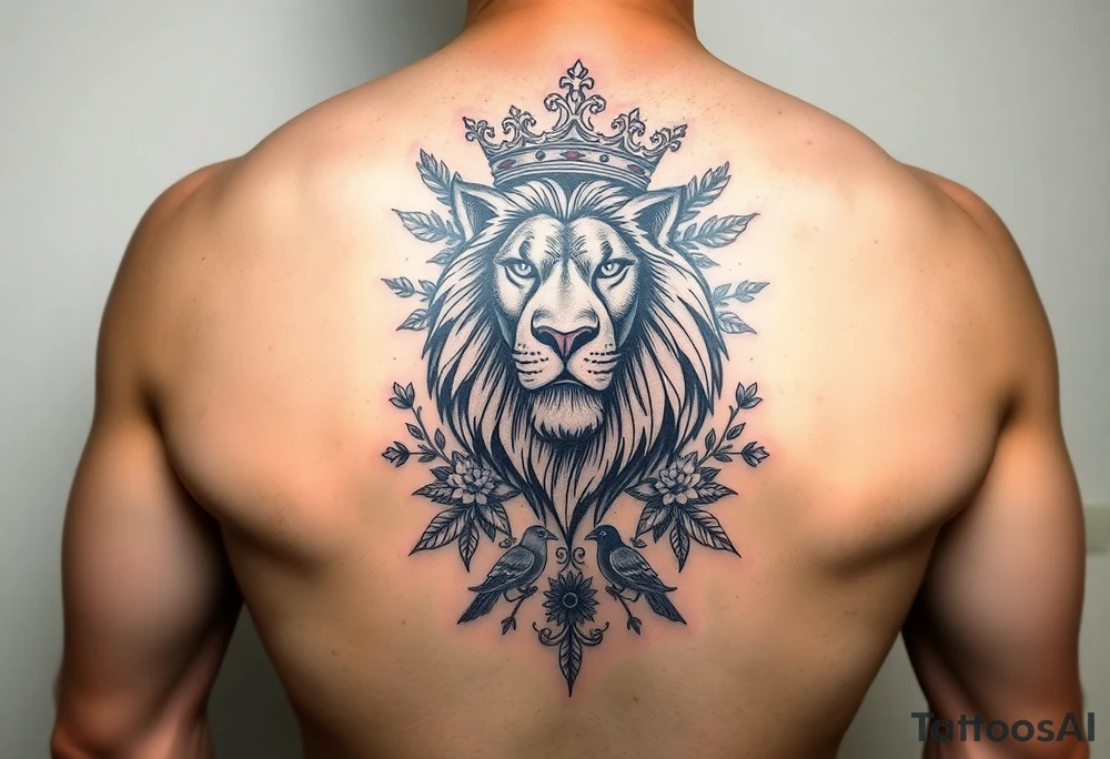 powerful majestic lion with a crown, surrounded by floral ornaments and birds tattoo idea
