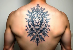 powerful majestic lion with a crown, surrounded by floral ornaments and birds tattoo idea