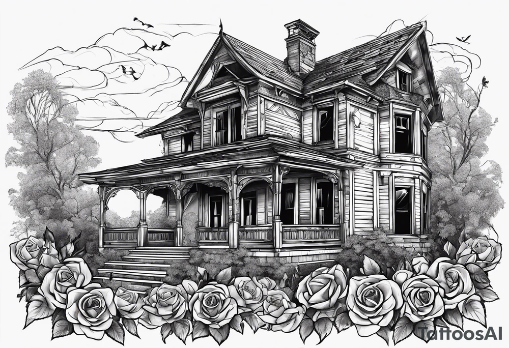 abandoned old house, broken sword, roses, тату рукав tattoo idea