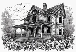 abandoned old house, broken sword, roses, тату рукав tattoo idea