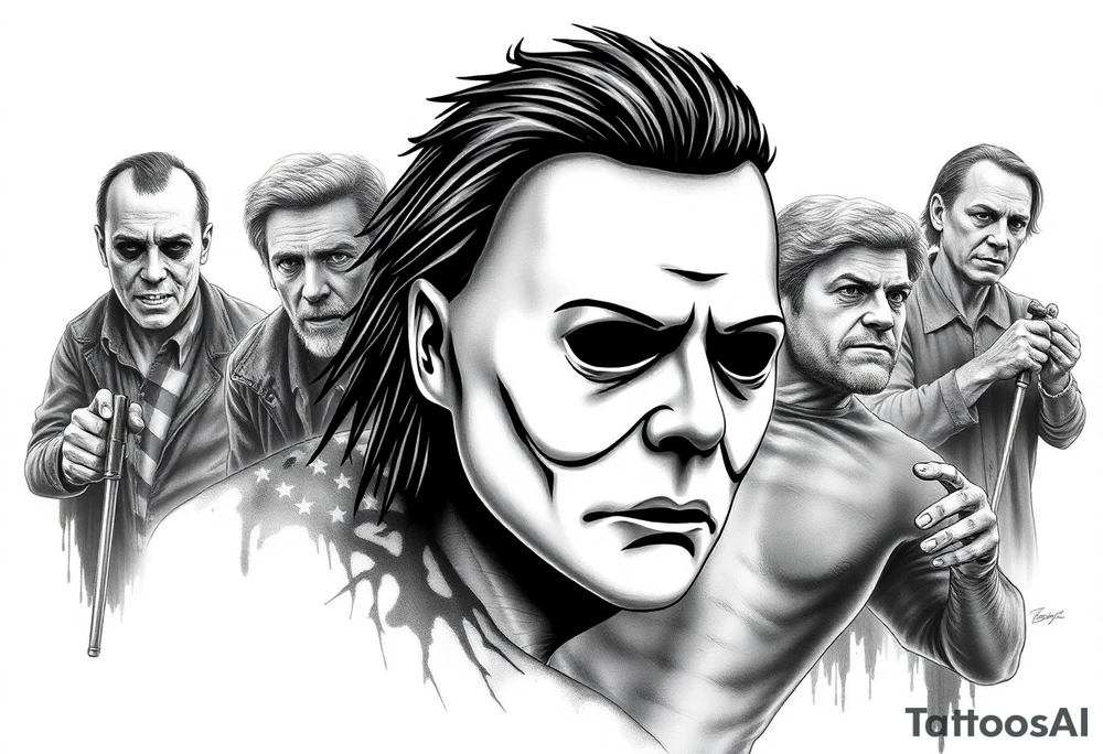 Horrormovie icon Michael Myers. I want the other horror movie icons to be filler behind Michael Myers tattoo idea