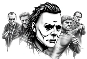 Horrormovie icon Michael Myers. I want the other horror movie icons to be filler behind Michael Myers tattoo idea