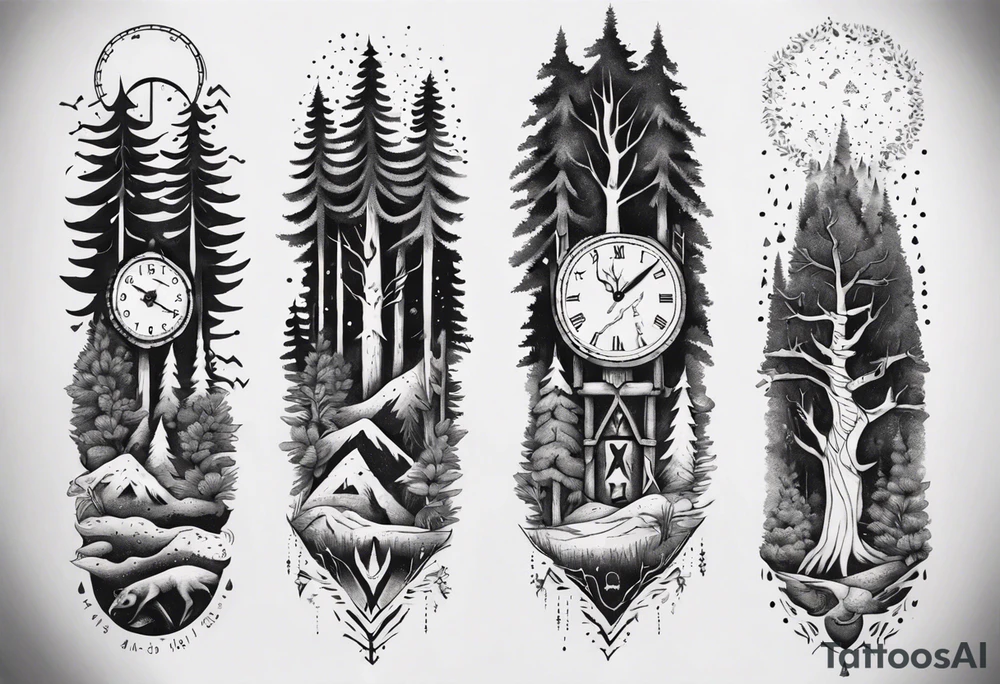 Full arm, Nordic, forest, time, presence tattoo idea