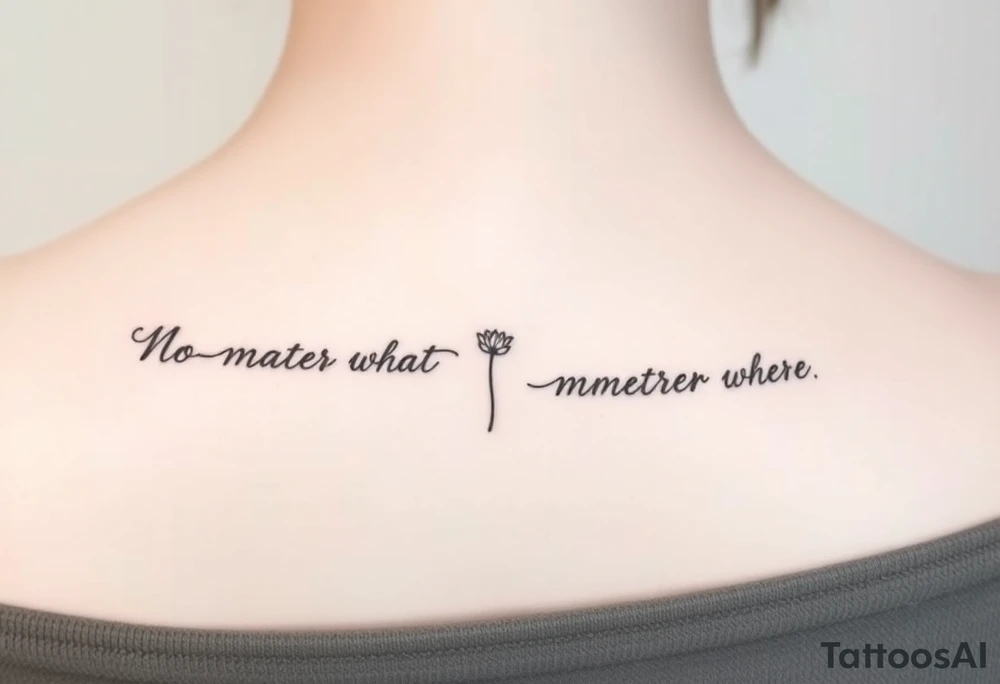 A delicate cursive tattoo with the quote ‘No matter what’ (for one person) and ‘No matter where’ (for the other), placed along the collarbone. At the end of each quote, incorporate a soft, feminine flower design — such as a small lotus, daisy, or wildflower — that flows naturally from the end of the text, as if the flower is part of the lettering or subtly blooming from the last word.
Design should feel light, elegant, and symbolic of connection and unconditional love between mother and daughter. Style should be fine line or single-needle, black ink only, minimalistic and graceful. tattoo idea