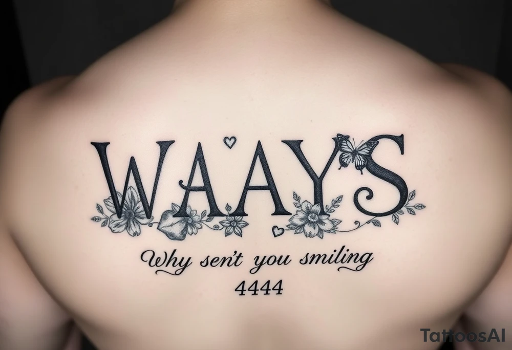W.A.Y.S spelled out with why aren’t you smiling under neath it with flowers, butterflies and hearts with 444 tattoo idea