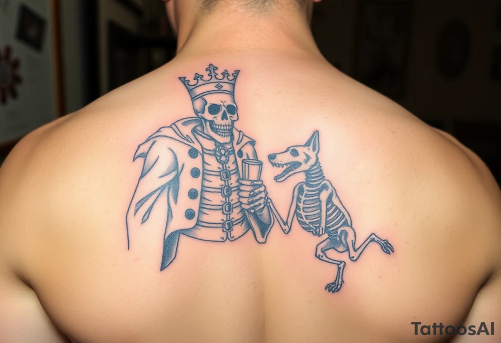 evil skeleton king in clothes having a good time getting drunk with skeleton dog tattoo idea
