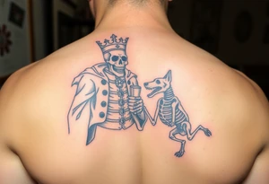 evil skeleton king in clothes having a good time getting drunk with skeleton dog tattoo idea