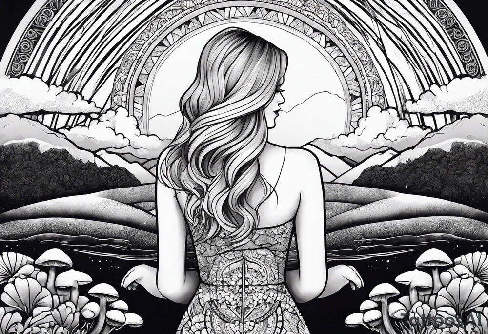Straight blonde hair girl facing away toward mountains surrounded by mushrooms crescent moon mandala circular design black and white striped dress number 8 tattoo idea