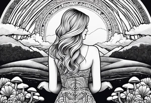 Straight blonde hair girl facing away toward mountains surrounded by mushrooms crescent moon mandala circular design black and white striped dress number 8 tattoo idea