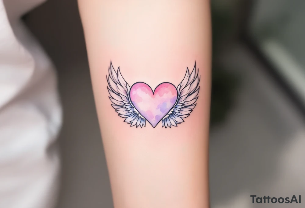 Watercolor Heart with Feathered Wings – A soft watercolor-painted heart in shades of pink and purple with delicate white feathered wings. The wings are light and airy, representing freedom and love. tattoo idea