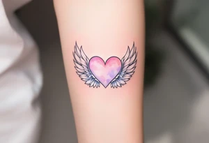 Watercolor Heart with Feathered Wings – A soft watercolor-painted heart in shades of pink and purple with delicate white feathered wings. The wings are light and airy, representing freedom and love. tattoo idea