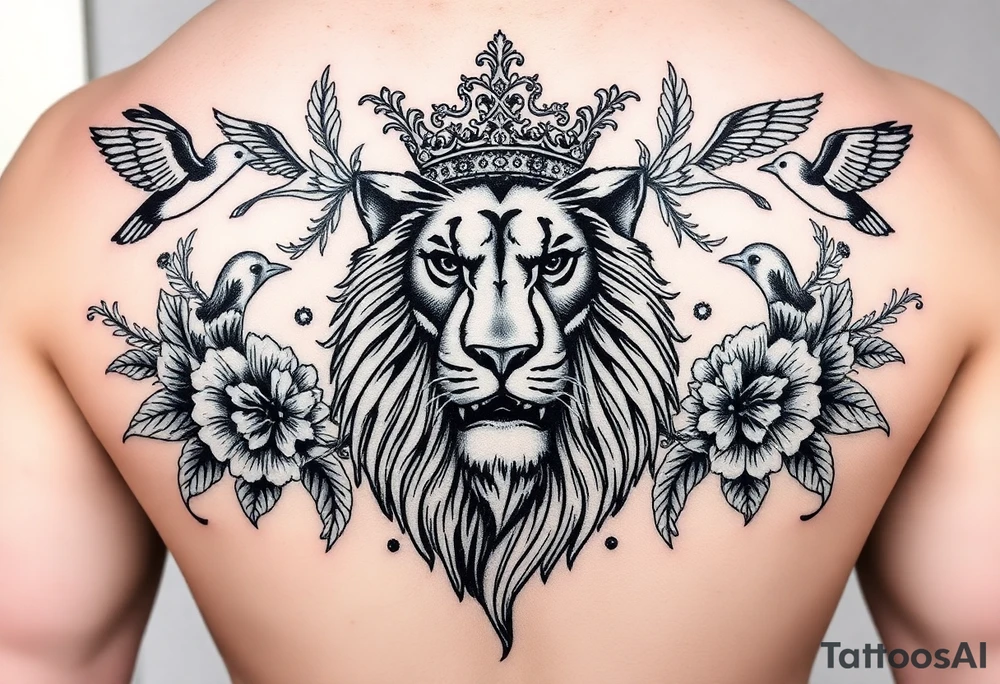powerful majestic lion with a crown, surrounded by floral ornaments and birds tattoo idea