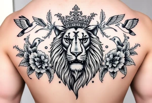 powerful majestic lion with a crown, surrounded by floral ornaments and birds tattoo idea