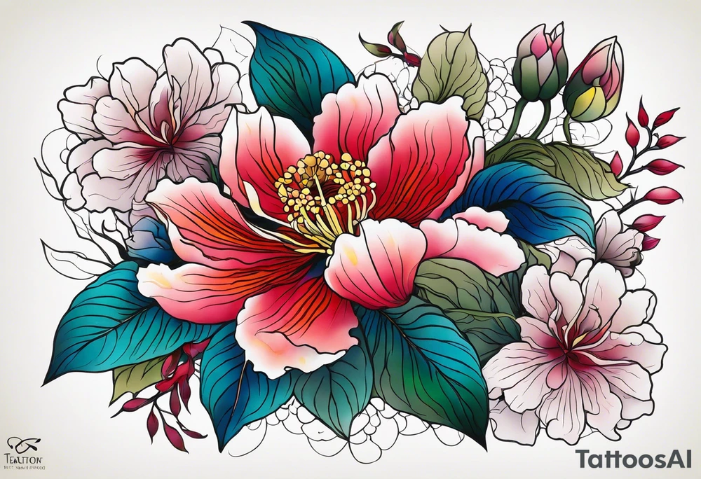 botanical, flowers, colorful, different tattoo idea