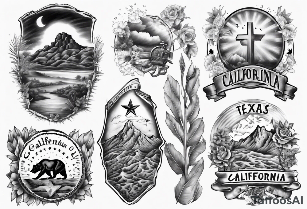 California on top and Texas on bottom theme arm sleeve tattoo idea