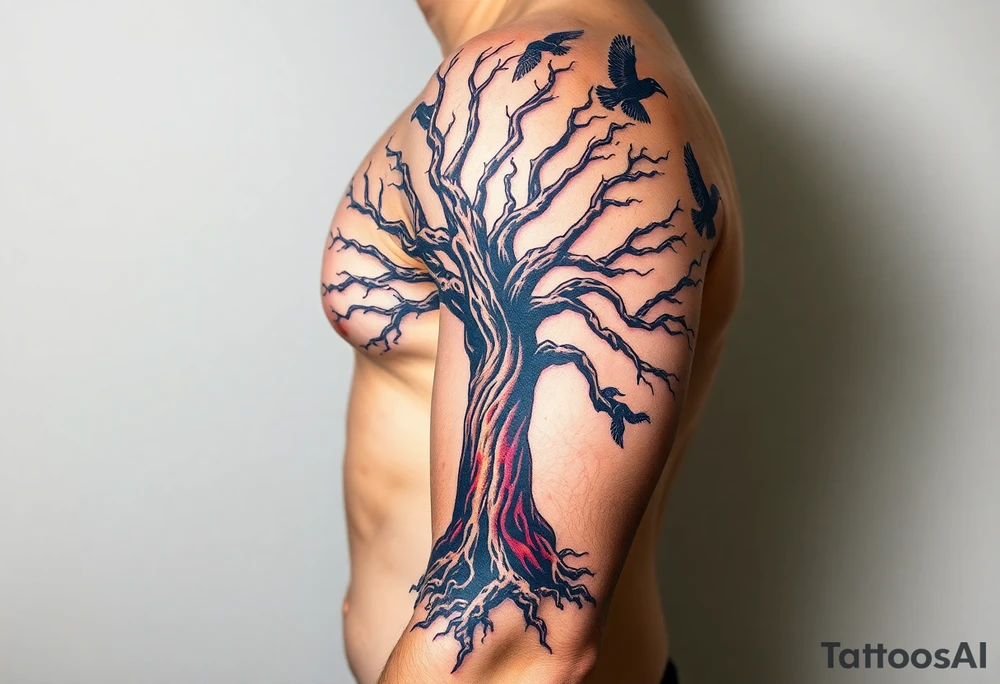 The Tree of Life, color infused, ravens flying around it, tattoo idea