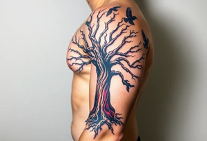 The Tree of Life, color infused, ravens flying around it, tattoo idea