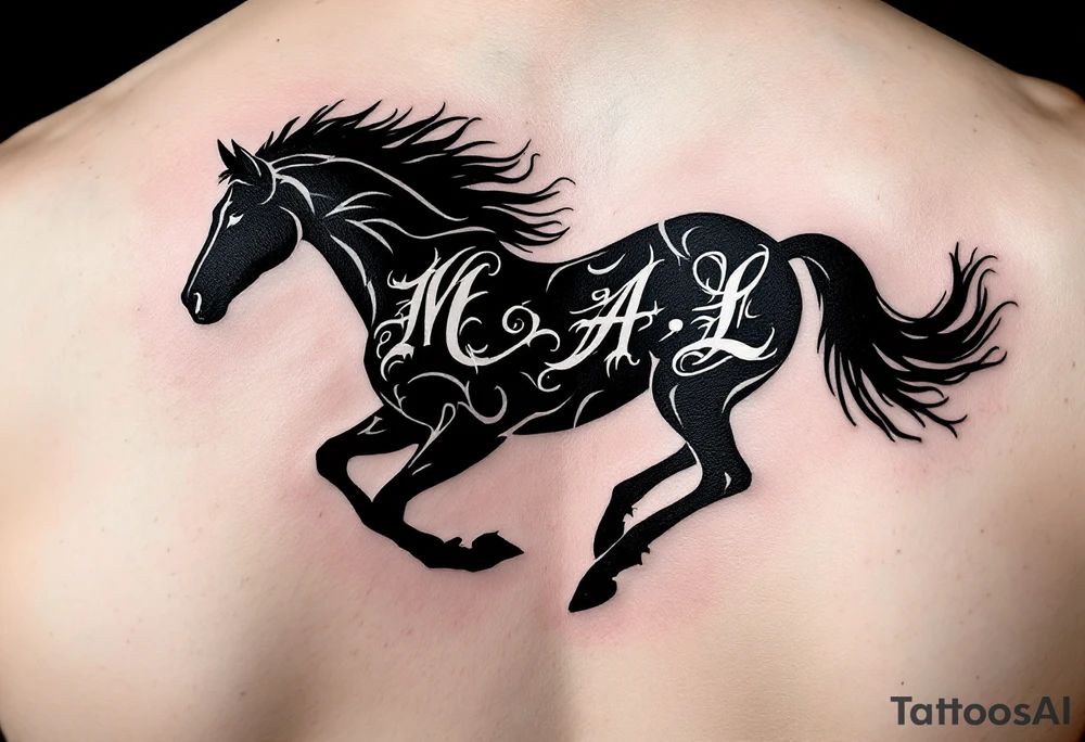 horse silhouette 
from the front which gallops towards us, with the 3 small letters discreetly integrated: M, A, L tattoo idea