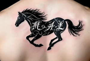 horse silhouette 
from the front which gallops towards us, with the 3 small letters discreetly integrated: M, A, L tattoo idea