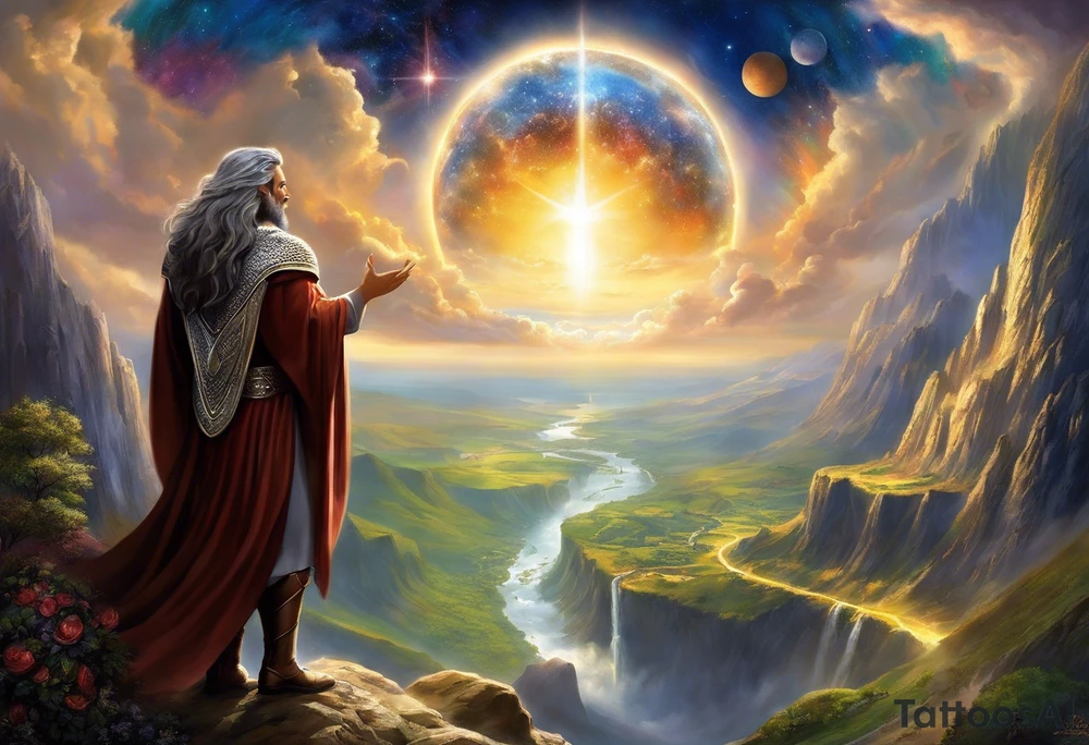 Jehovah looking out at the marvels of his creation from the atoms to the galaxy and celestial beings. With grey wash and a fantasy theme. Jehovah has to be a character who is so majestic, charismatic, immensely powerful. There isnt a single thing he isnt capable of doing. Infinitely powerful forward facing. Without the pagan styled attire and without the pagan symbols etcetera, shirtless, large muscular athletic physique, deep muscle definition tattoo idea