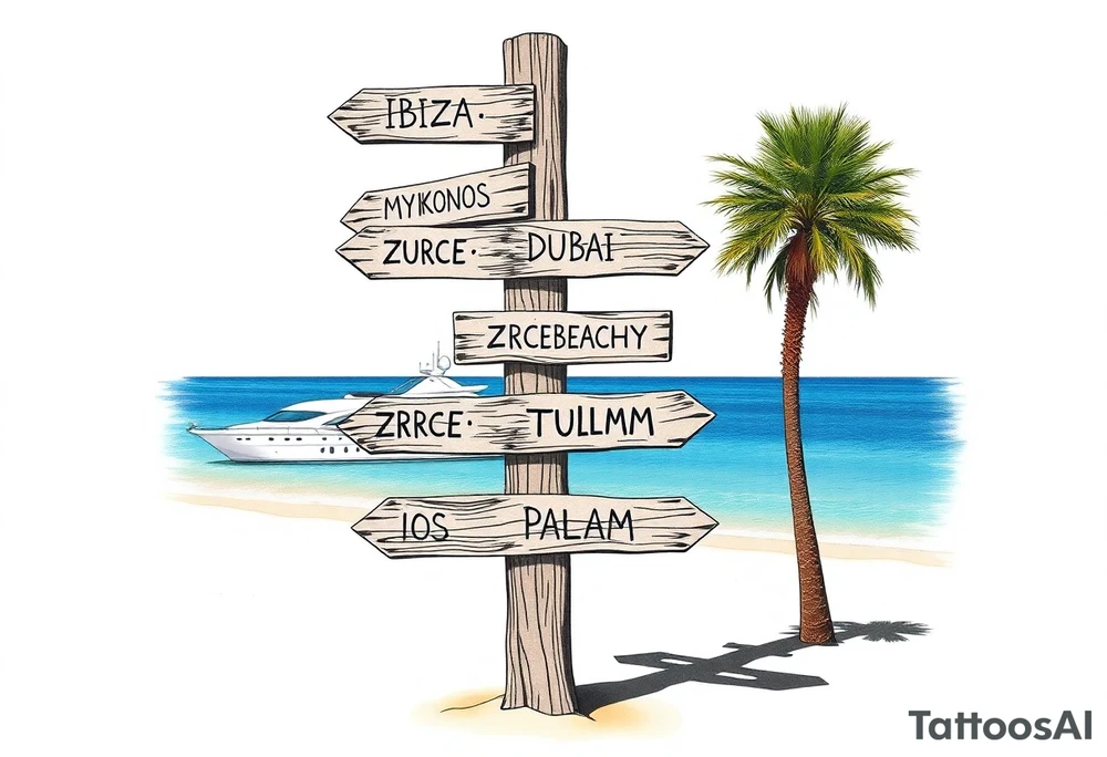 A tall wooden signpost with four directional arrows, each pointing in a different direction. The arrows are rustic and slightly weathered, with the names of popular travel destinations written on them: 'IBIZA', 'MYKONOS', 'DUBAI', 'ZRCE BEACH', 'IOS', 'PALMA', and 'TULUM'. The signpost is located on a sandy beach with a clear blue ocean in the background. A luxurious white yacht is visible on the water, slightly in the distance. A tall, green palm tree stands nearby, casting a small shadow on the sand. The scene is bathed in warm sunlight, with a few wispy clouds in the sky, creating a relaxed and tropical vacation vibe. tattoo idea