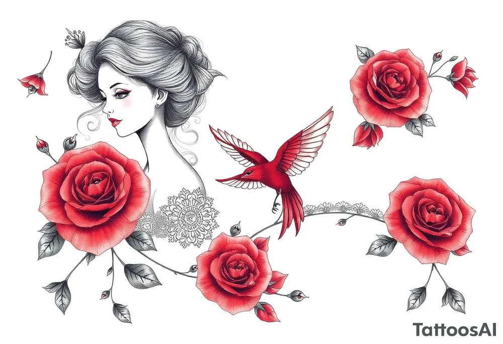 Vintage dollies, red roses, lace, red bird tattoo idea