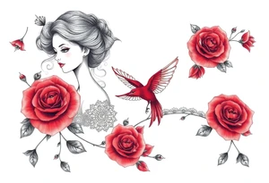 Vintage dollies, red roses, lace, red bird tattoo idea