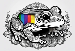 Small frog holding a rainbow flag tattoo idea