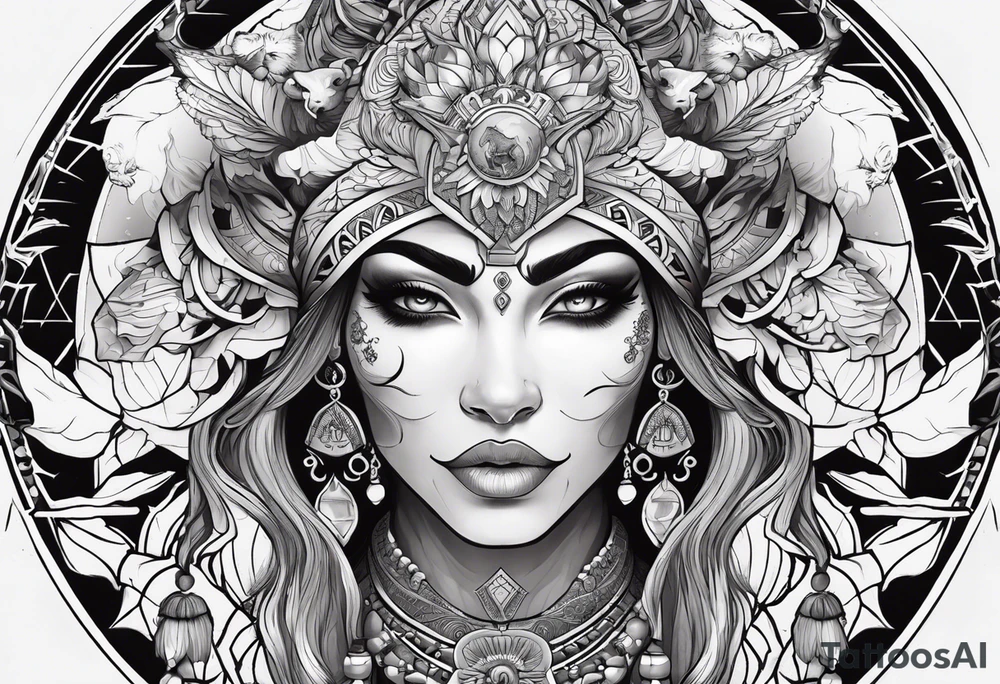 kali ma, alien goddess, valkrye, aries, pirate, divine feminine, zenza resonance, pachamama, lotus azul, blank panther, eagle, skull, 5D, nueva gaya, dna 12 tattoo idea