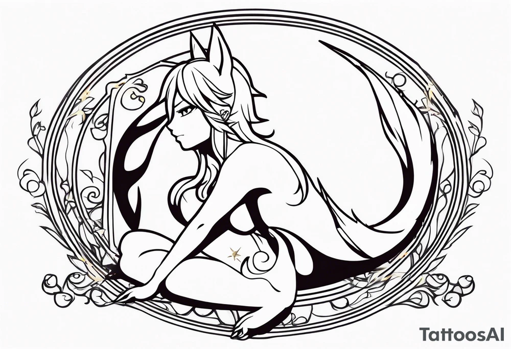 A fairy with a tail inspired by the logo of the show called Fairy Tail in a fetal position leaning in tattoo idea