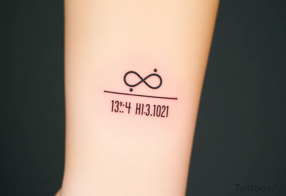 “Quero uma tatuagem no antebraço, simples e pequena. Deve ter a data de nascimento do meu avô escrita em vermelho, seguida de um traço reto e, à frente, o símbolo de infinito em preto. O design deve ser minimalista, com letras elegantes e proporcionais, mantendo um aspeto discreto.” tattoo idea