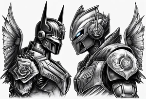 Optimus prime holding Sonic the hedgehog, a butterfly, saxophone, power ranger tattoo idea