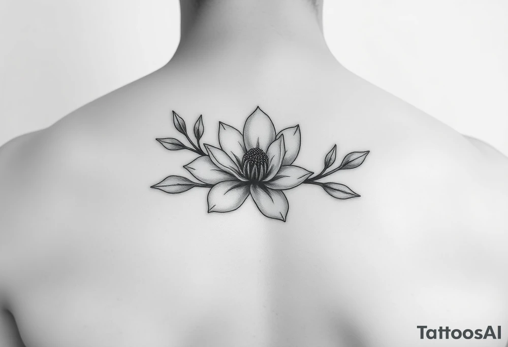Magnolia branch black and white realistic minimalistic tattoo idea