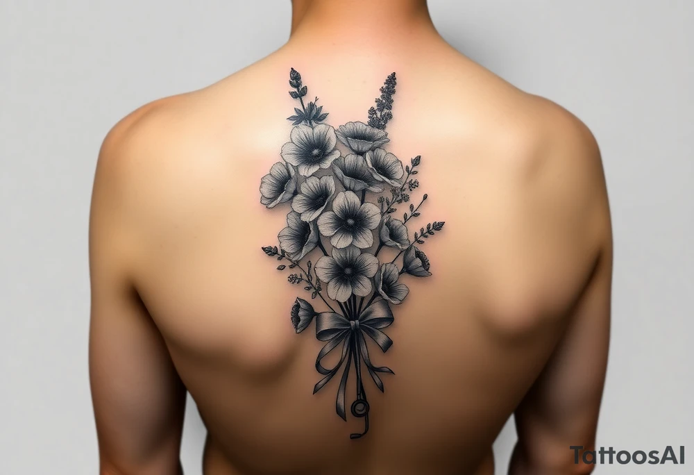 6 inches tall by 4 inches wide approximately, black and white tattoo with a bouquet of hollyhocks, one wild rose, and wild flowers, include a stethoscope along the side without putting it into the bouquet and the name June Etta , make the stethoscope more noticeable and make the tattoo taller than it is wide, make the bouquet have a bow towards the bottom holding the flowers like they had just been picked from the garden tattoo idea