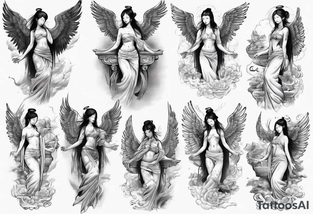 Asian angel on a balcony tattoo idea