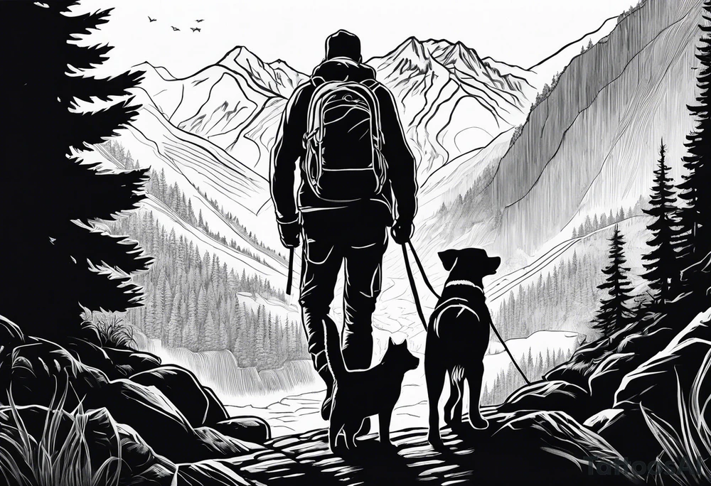 father son hiking with their dog and cat in the mountains, nature, waterfall, rive tattoo idea