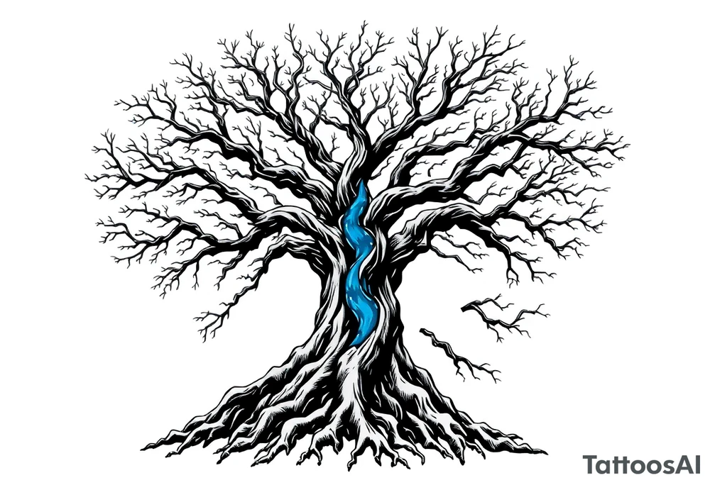 Black and white Tree with roots. Blue water inside the whole tree like veins tattoo idea