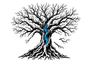 Black and white Tree with roots. Blue water inside the whole tree like veins tattoo idea
