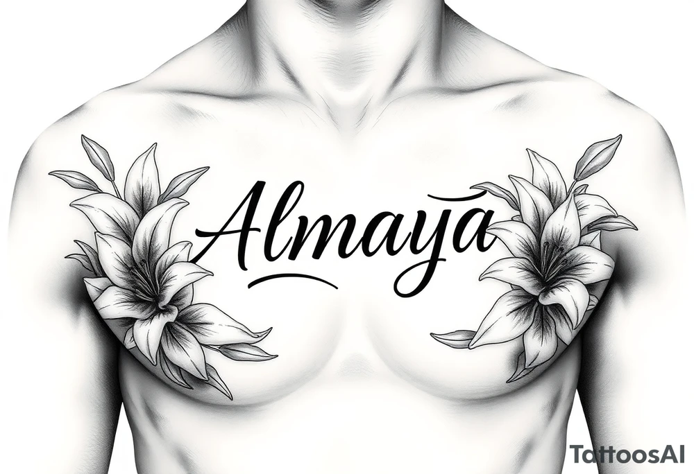 The name Almaya surrounded by Lilies. I want this on my ribs tattoo idea