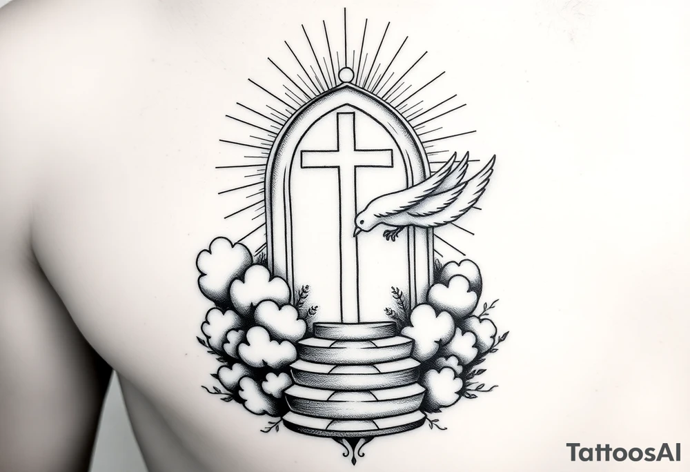 Vorrei un tatuaggio sull'avambraccio con un design principale composto da un portale aperto tra le nuvole, con una scalinata che conduce verso di esso. Sopra il portale vorrei una croce dal design elegante, circondata da raggi di luce che si diffondono in modo radiante. Infine, desidero una colomba del lutto in volo (mourning dove), simbolo di pace e rinascita, inserita armoniosamente nella composizione. L'idea generale è trasmettere spiritualità, speranza e un senso di elevazione. tattoo idea
