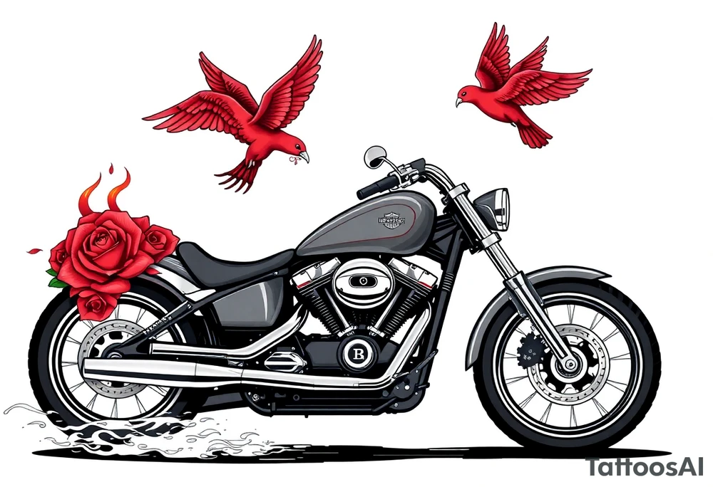 Harley grey motorcycle driving away, two red birds flying, roses, flames, angel wings tattoo idea